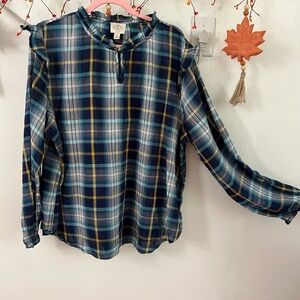 St. John's Bay Blue and Yellow Plaid Blouse